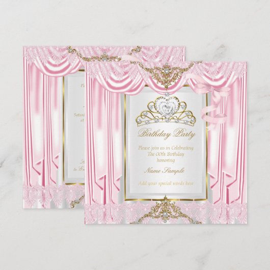 Elegant Princess Pink Gold White Birthday Party Kaart (Voorkant / Achterkant)