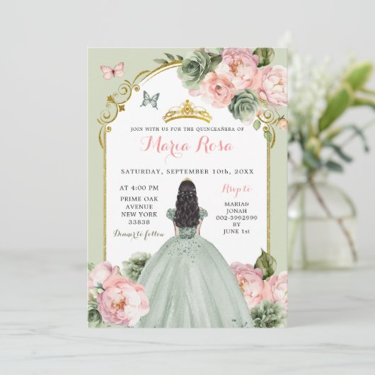 Elegant Princess Sage Green Dusty Roos Quinceañera Kaart (Staand voorkant)
