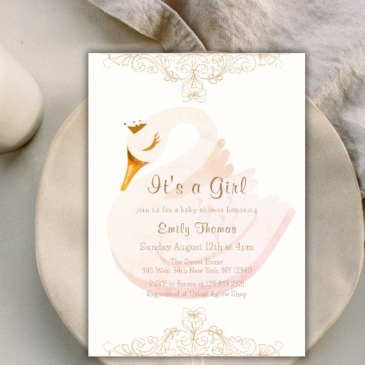  Elegant Princess Swan Baby shower Kaart