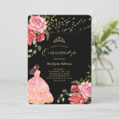 Elegant Prinses Roze Bloemen Quinceañera Kaart (Staand voorkant)