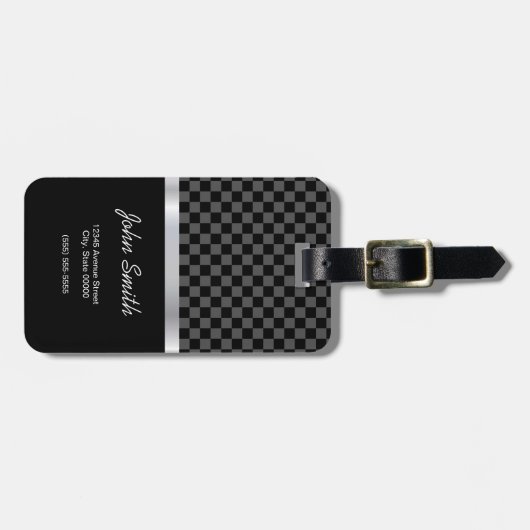 Elegant & Pro Black Silver Squares gecheckt Bagagelabel (Voorkant horizontaal)