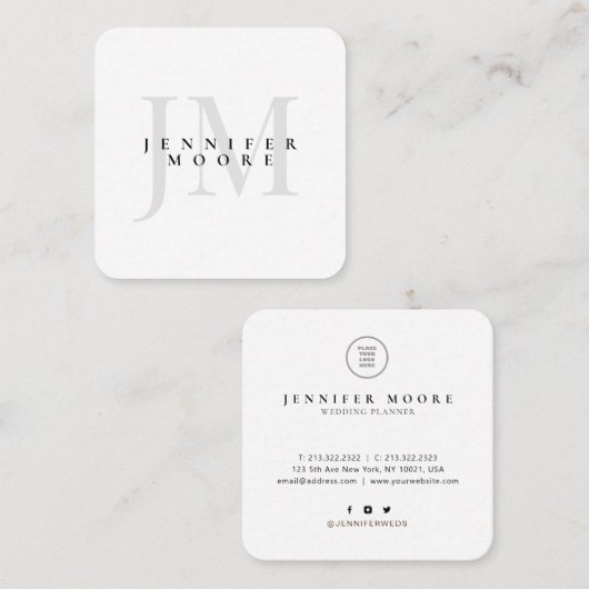 Elegant Professional Black en White Monogram Vierkante Visitekaartje (Voorkant / Achterkant)