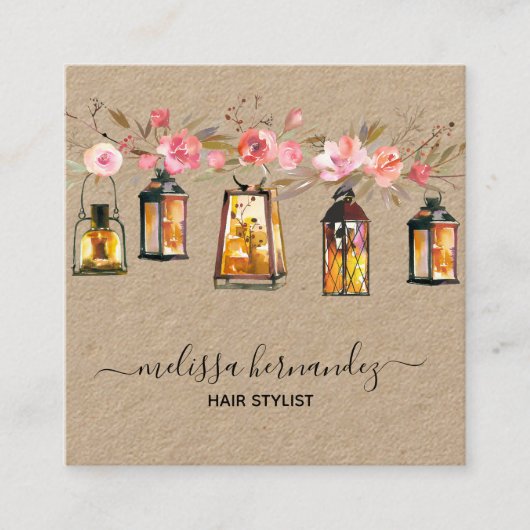 Elegant Professional Floral Hair Stylist Coral Vierkante Visitekaartje (Voorkant)