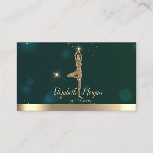 Elegant Professional Gold Glitter Yoga Girl Green Visitekaartje (Voorkant)