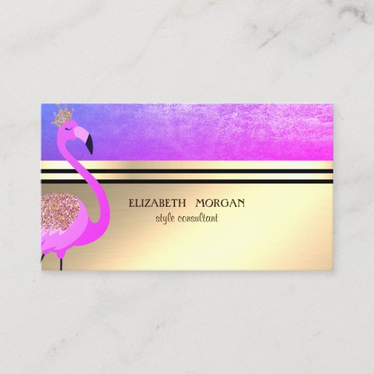 Elegant Professional Gold, Stripes, Roze Flamingo Visitekaartje (Voorkant)