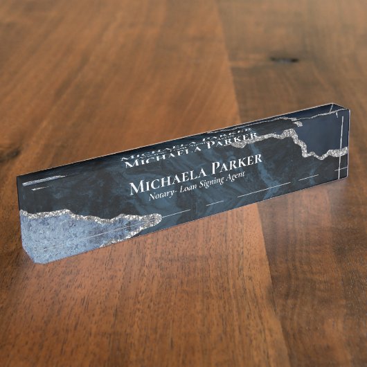 Elegant Professional Navy Blue Silver Agate Geode Naambordje (Zijkant)