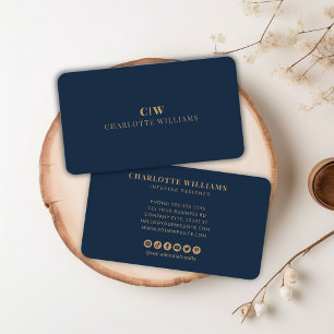 Elegant Professional Simple Monogram Gold Navy Visitekaartje