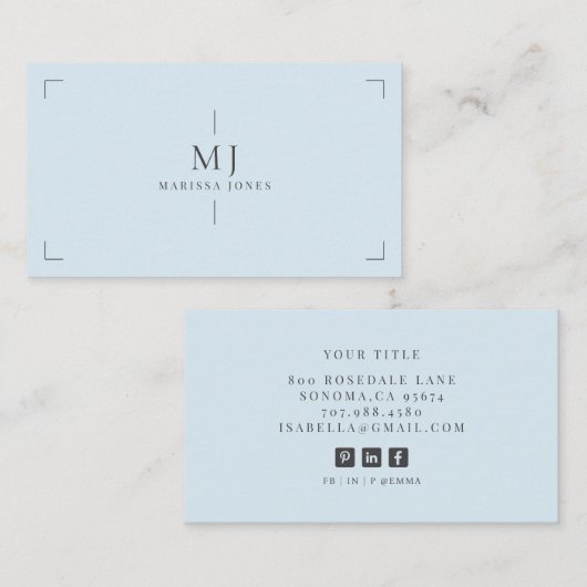 Elegant Professioneel Minimalistisch Monogram Blau Visitekaartje (Voorkant / Achterkant)