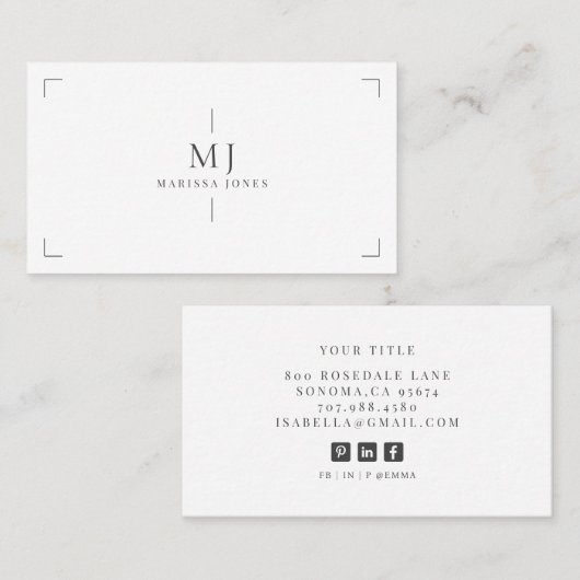 Elegant Professioneel Minimalistisch Monogram Wit Visitekaartje (Voorkant / Achterkant)