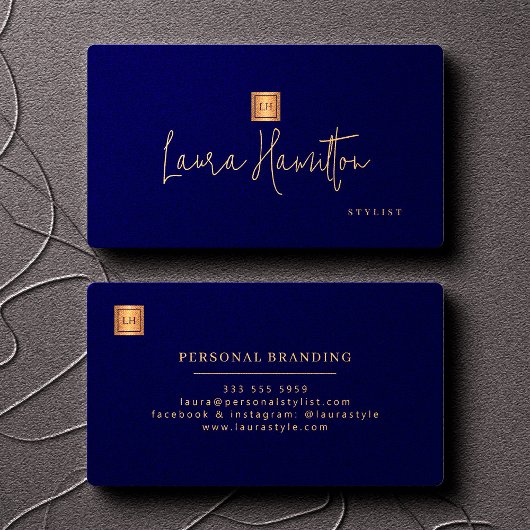 Elegant professioneel monogram navyblauw goud visitekaartje