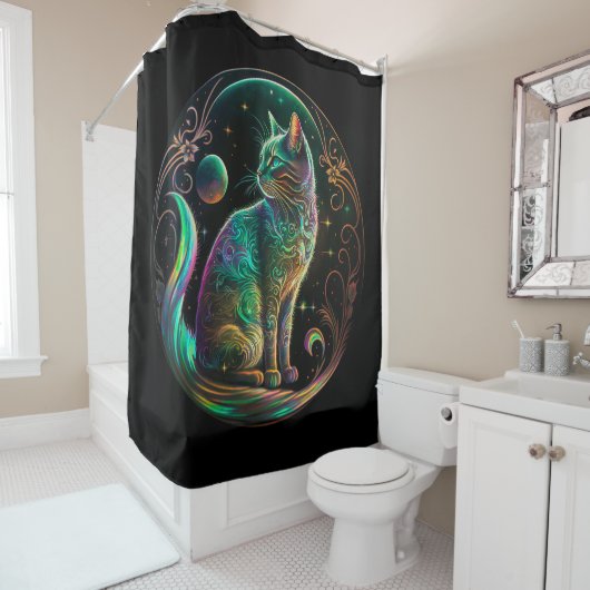 Elegant Psychedelic Cat Modern Artwork | Douchegordijn (In situ)