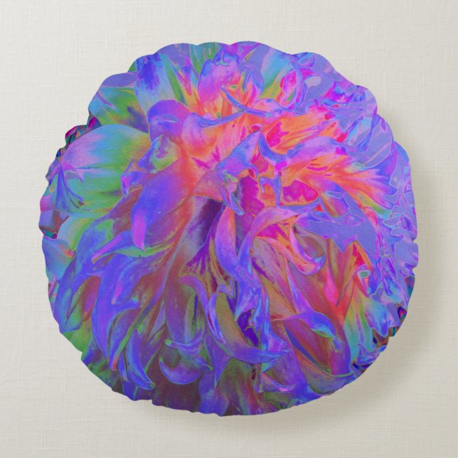 Elegant Psychedelic Decorative Dahlia Flower Rond Kussen (Voorkant)