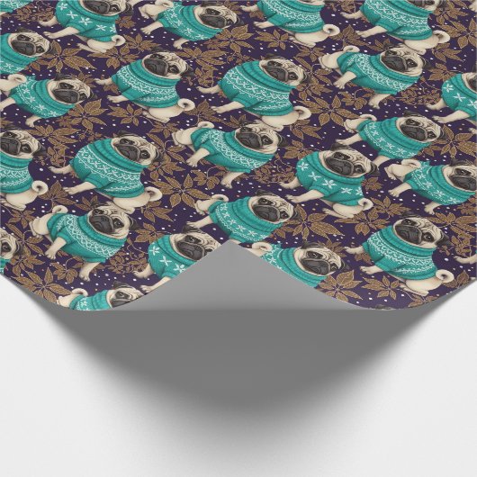 Elegant Pug Dog in Teal Sweater Purple & Gold Cadeaupapier (Hoek)