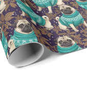 Elegant Pug Dog in Teal Sweater Purple & Gold Cadeaupapier (Rol Hoek)