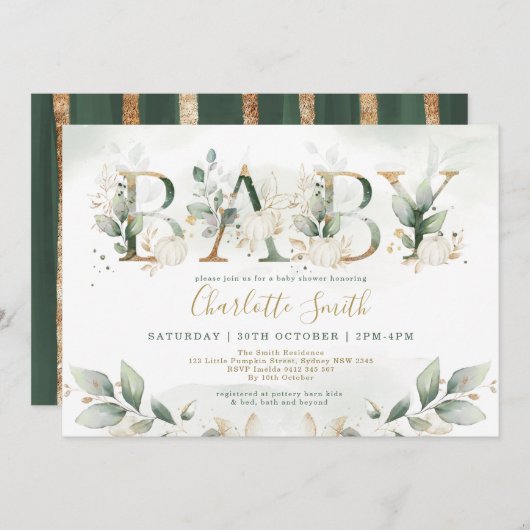 Elegant Pumpkin Baby shower Leafy Greenery Gold Kaart (Voorkant / Achterkant)