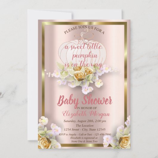 Elegant Pumpkin, Floral, Gold Baby shower Invitati Kaart (Voorkant)