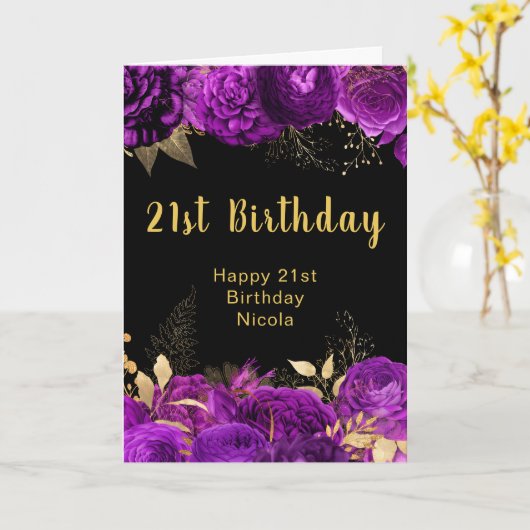 Elegant Purple and Gold Flowers Birthday Kaart (Gele Bloem)