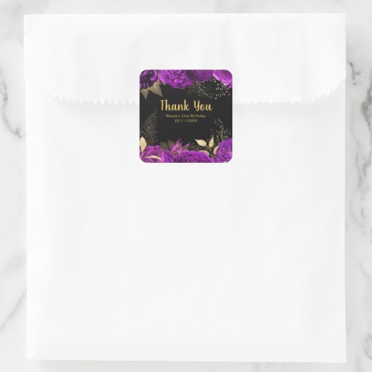 Elegant Purple and Gold Flowers Birthday Party Vierkante Sticker (Tas)
