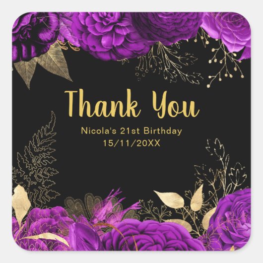 Elegant Purple and Gold Flowers Birthday Party Vierkante Sticker (Voorkant)