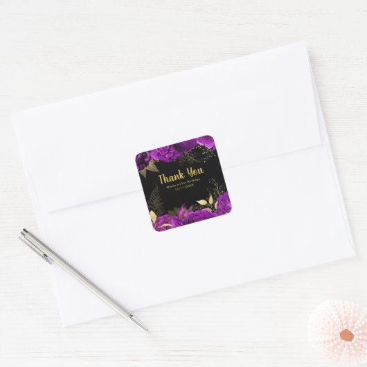 Elegant Purple and Gold Flowers Birthday Party Vierkante Sticker (Envelop)