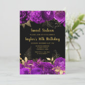 Elegant Purple and Gold Flowers Sweet Sixteen Kaart (Staand voorkant)