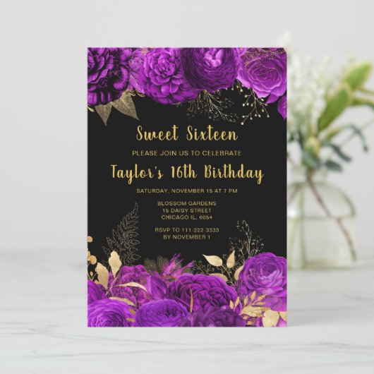 Elegant Purple and Gold Flowers Sweet Sixteen Kaart (Staand voorkant)