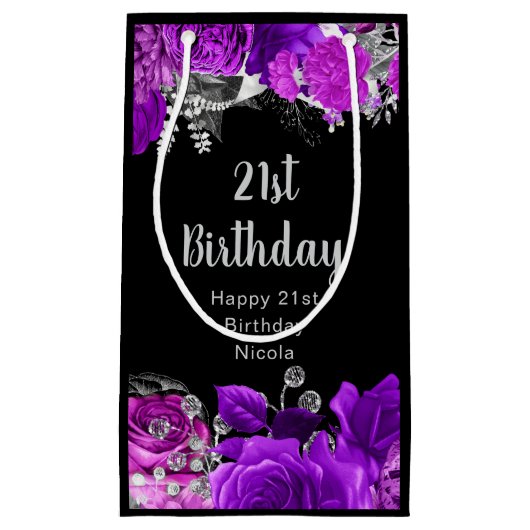 Elegant Purple and Silver Flowers Birthday  Klein Cadeauzakje (Voorkant)