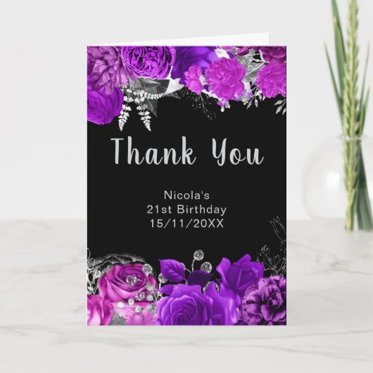 Elegant Purple and Silver Flowers Birthday Party  Bedankkaart (Voorkant)