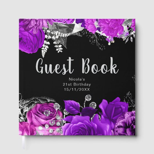 Elegant Purple and Silver Flowers Birthday Party Gastenboek (Voorkant)
