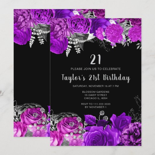 Elegant Purple and Silver Flowers Birthday Party Kaart (Voorkant / Achterkant)