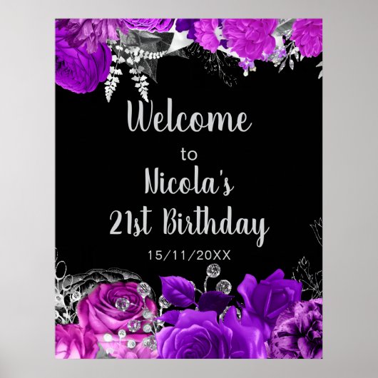 Elegant Purple and Silver Flowers Birthday Party Poster (Voorkant)