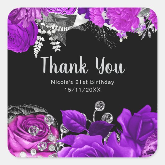 Elegant Purple and Silver Flowers Birthday Party  Vierkante Sticker (Voorkant)