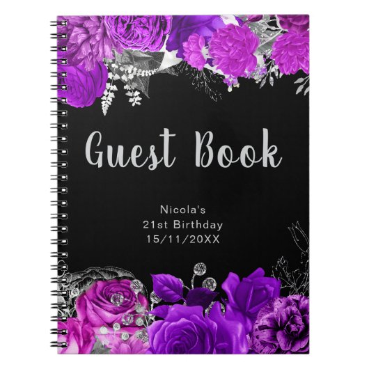 Elegant Purple and Silver Flowers Guest Book Notitieboek (Voorkant)