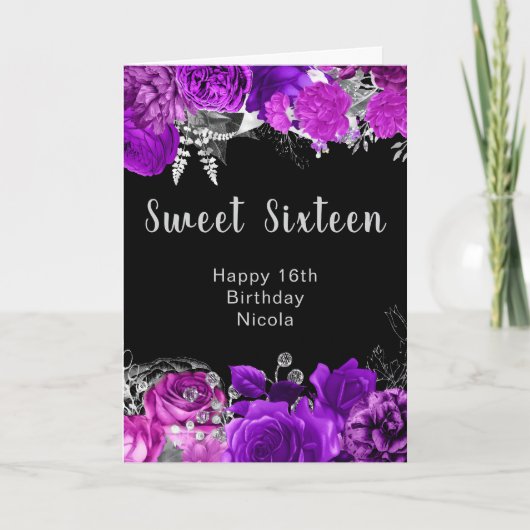 Elegant Purple and Silver Flowers Sweet Sixteen  Kaart (Voorkant)