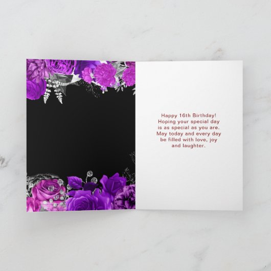 Elegant Purple and Silver Flowers Sweet Sixteen  Kaart (Binnen)
