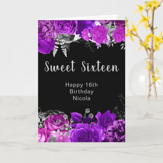 Elegant Purple and Silver Flowers Sweet Sixteen  Kaart (Gele Bloem)