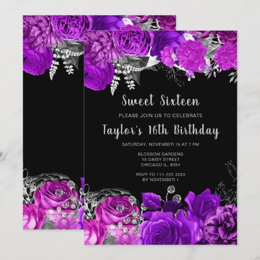 Elegant Purple and Silver Flowers Sweet Sixteen Kaart (Voorkant / Achterkant)