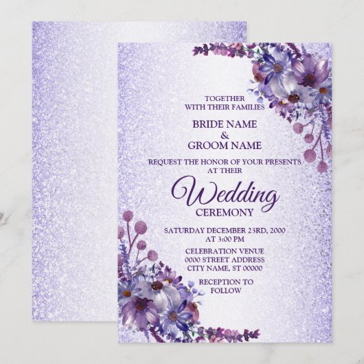 Elegant Purple Blue Pink Floral Glitter Wedding Kaart (Voorkant / Achterkant)