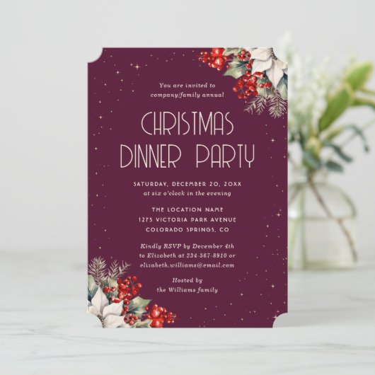 Elegant Purple Botanical Christmas Holiday Party Kaart (Staand voorkant)
