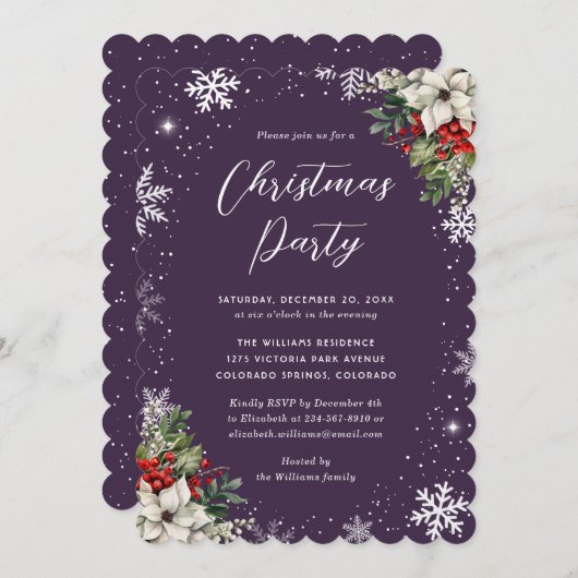 Elegant Purple Botanical Snowflake Christmas Party Kaart (Voorkant / Achterkant)