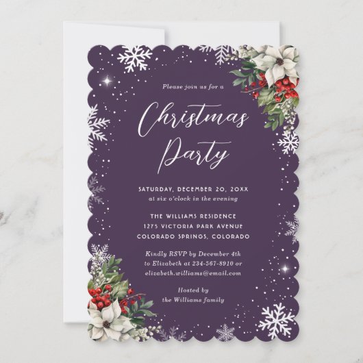 Elegant Purple Botanical Snowflake Christmas Party Kaart (Voorkant)