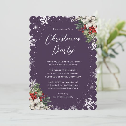 Elegant Purple Botanical Snowflake Christmas Party Kaart (Staand voorkant)
