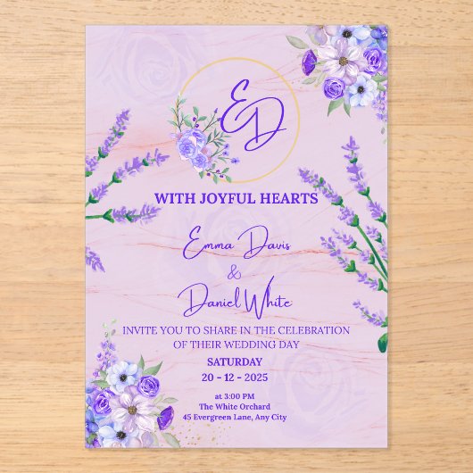 Elegant Purple Botanical Wedding Invitation Acryl Uitnodigingen (Voorkant)