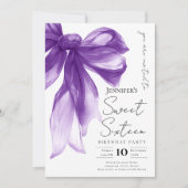 Elegant Purple Bow Coquette Script Sweet 16 Party  Kaart (Voorkant)