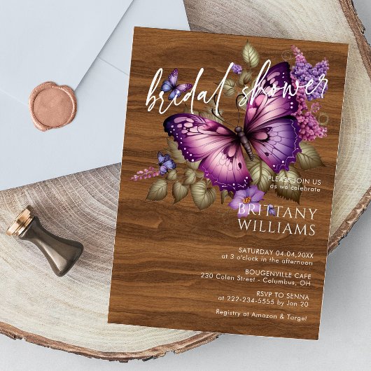 Elegant Purple Butterfly Bridal Shower Invitation Kaart