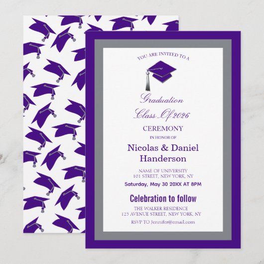 Elegant purple caps graduation ceremony invitation kaart (Voorkant / Achterkant)