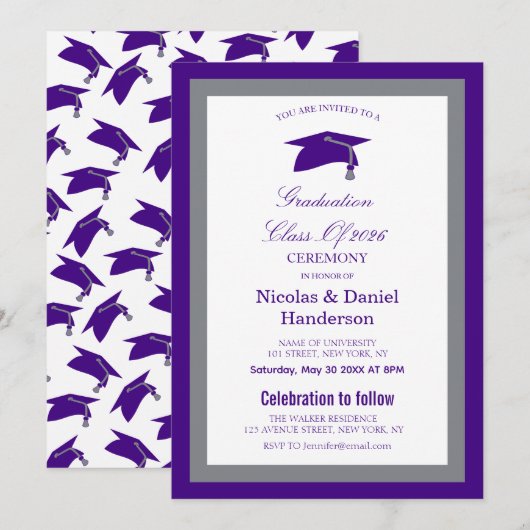 Elegant purple caps graduation ceremony invitation kaart (Voorkant / Achterkant)