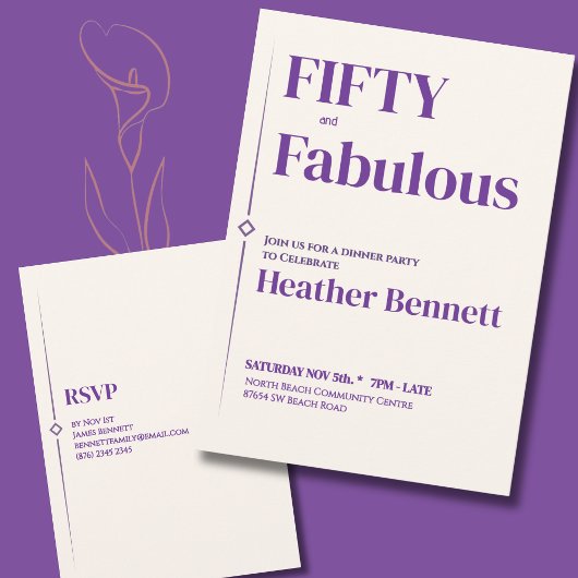 Elegant Purple Cream Fifty Fabulous Birthday Kaart