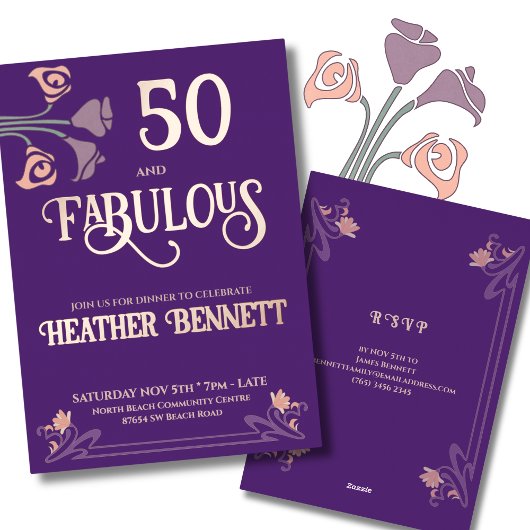 Elegant Purple Fabulous 50 Rose Foil Birthday Folie Uitnodiging