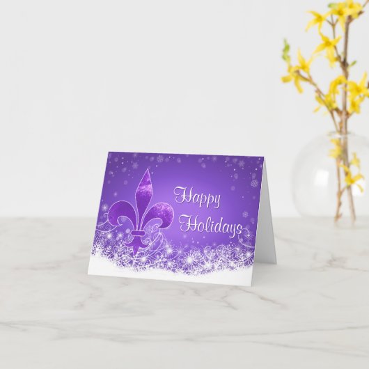 Elegant Purple Fleur-de-lis Snowflake Holiday Card Kaart (Gele Bloem)